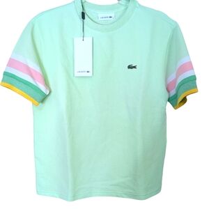 Lacoste Mint Honeycomb T-Shirt with Multicolor Striped Sleeves....Size Medium